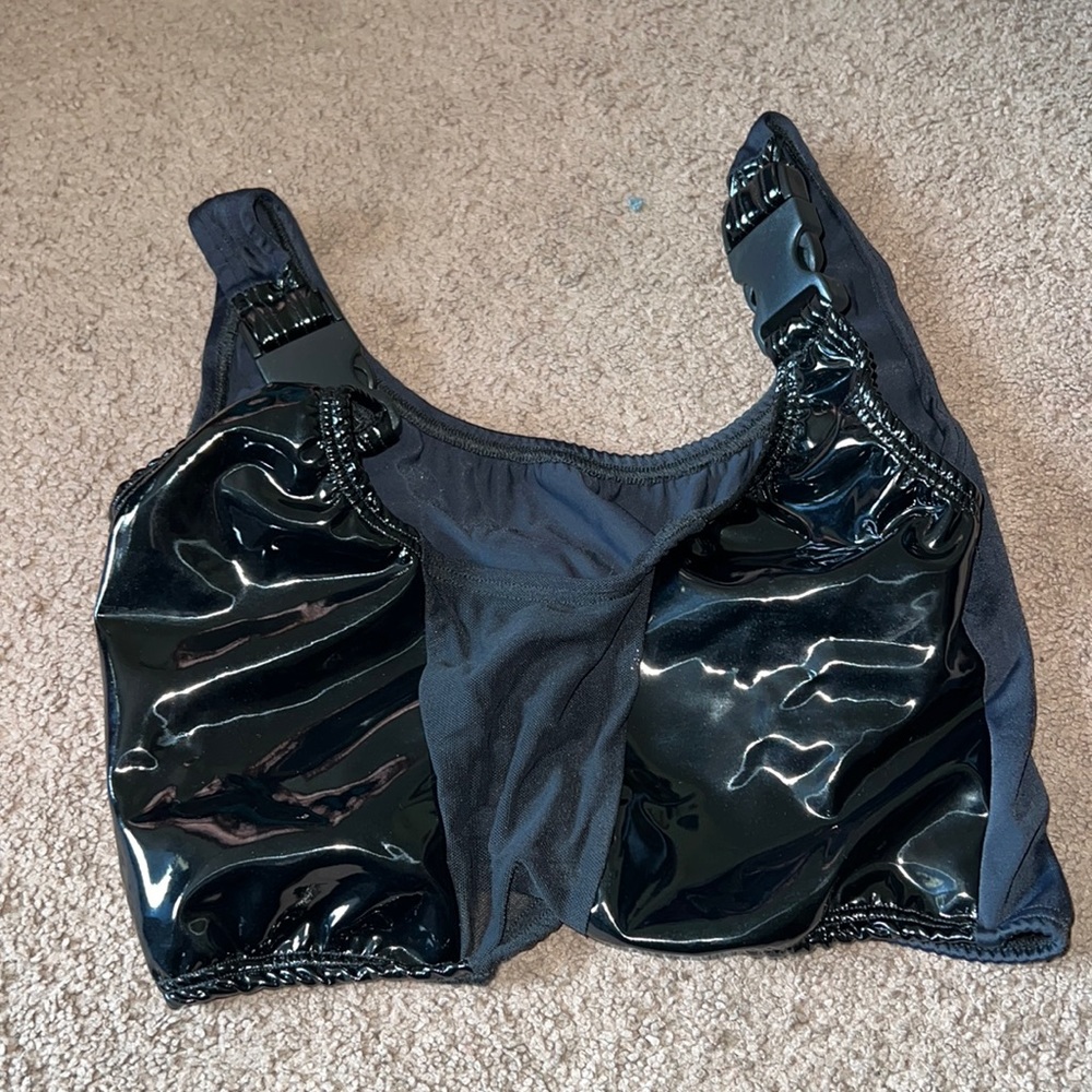 SOLD Rave with Mi Gente latex like black rave too with buckles